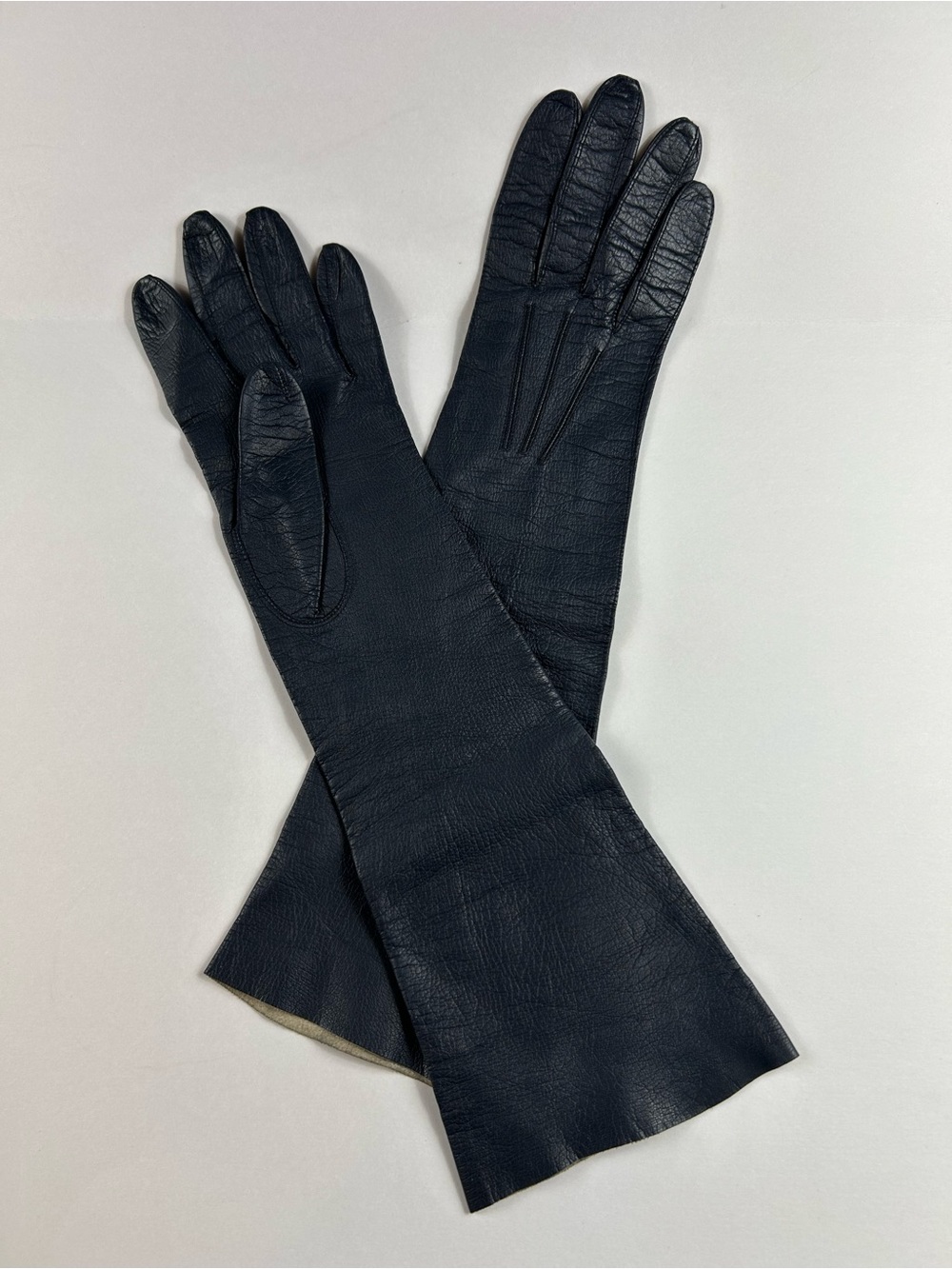 Vintage Mid-Century Tréfousse French Kidskin Leather Opera Gloves Sz 6 1/4 Navy